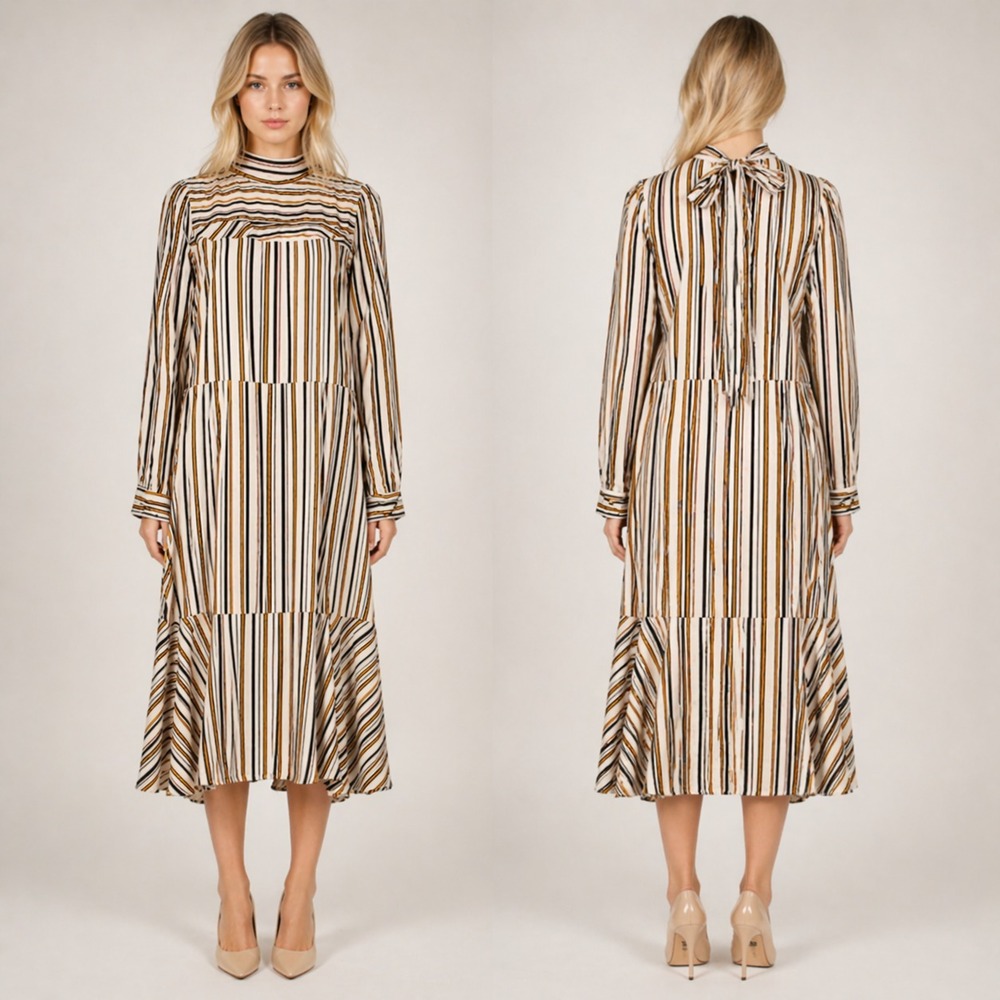 Dorothee Schumacher SatinDress Mock Neck Tiered Midi Luxury Designer SZ Medium